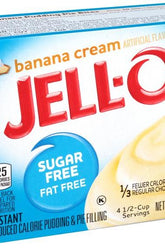 Jell-O Sugar Free Banana Cream Instant Pudding and Pie Filling, low calorie dessert option.